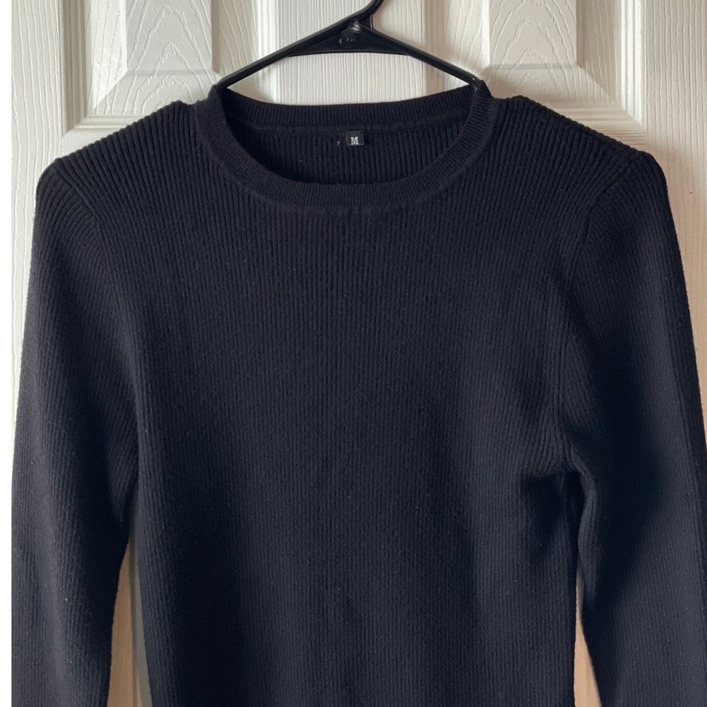 Women's Medium Black Ribbed Knit Crew Neck Sweater Gold Button Cuffs Minimalist - Picture 2 of 13